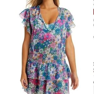 Jessica Simpson Swim Coverup Dress Vibrant Floral Sheer Ruffle Tiered NWT Resort